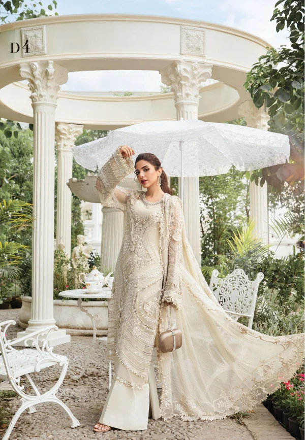 "Elegant white embroidered luxury formal dress with intricate beadwork, delicate lace detailing, and a flowing dupatta."