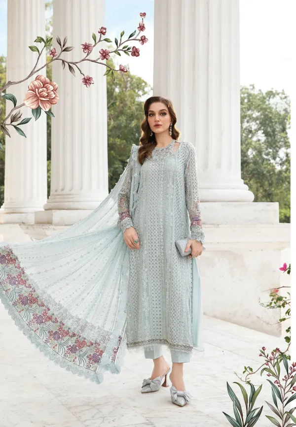Exquisite light blue traditional outfit featuring intricate embroidery, lace detailing, and a matching sheer dupatta with floral accents.