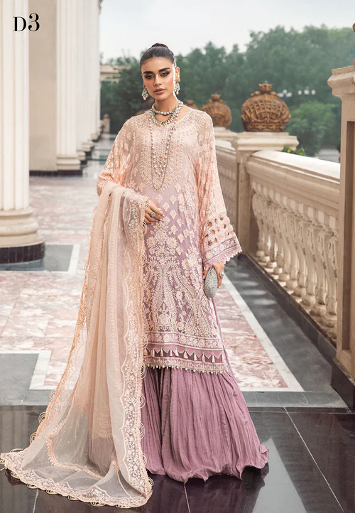 "Elegant Pakistani formal wear in soft pastel shades, featuring exquisite embroidery and delicate cutwork sleeves."