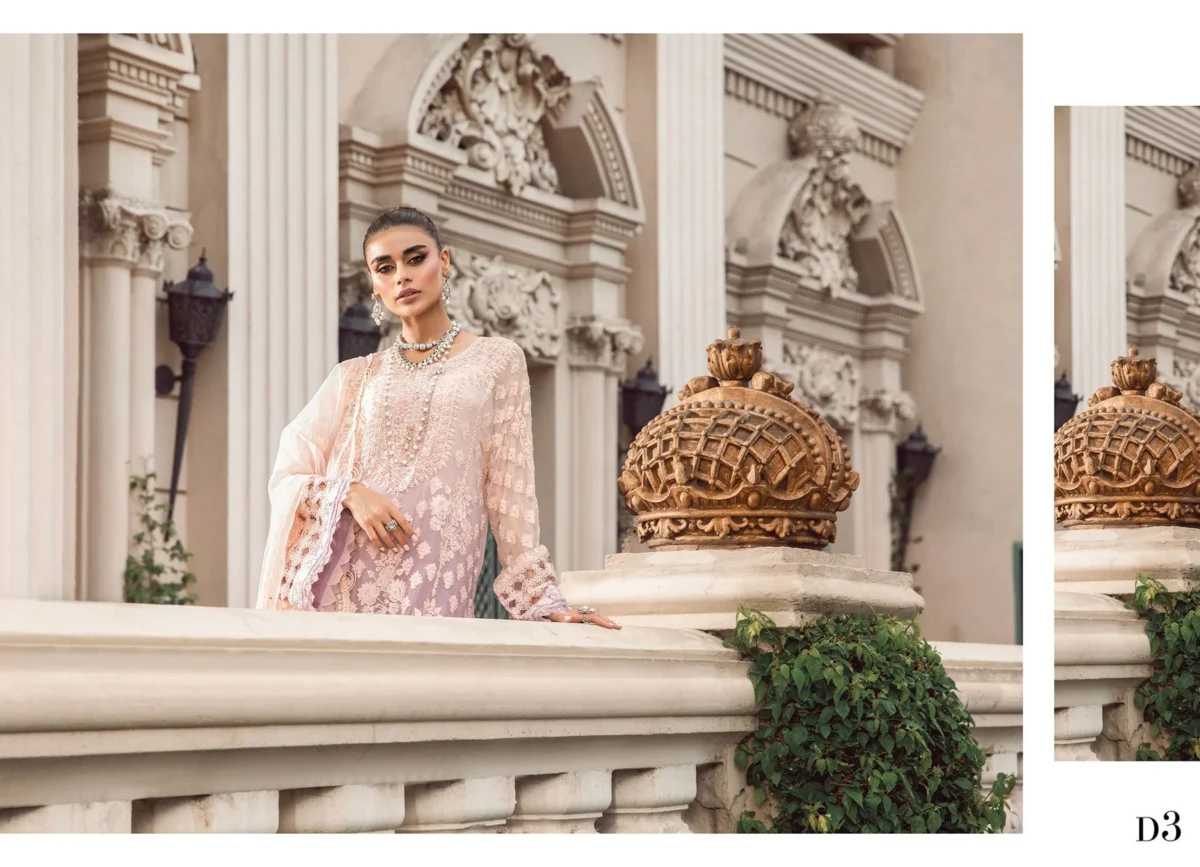 "Sophisticated and graceful designer outfit with detailed embellishments, perfect for weddings and festive occasions."