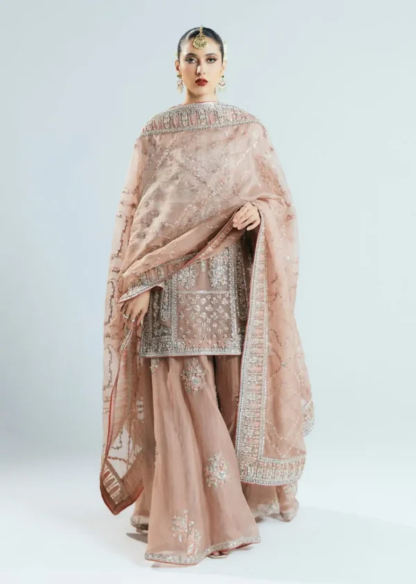 Hussain Rehar peach embroidered dress – luxury bridal wear with dupatta