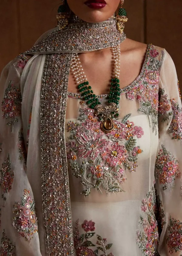 Luxury designer outfit featuring intricate zardozi, sequins, and delicate threadwork embroidery