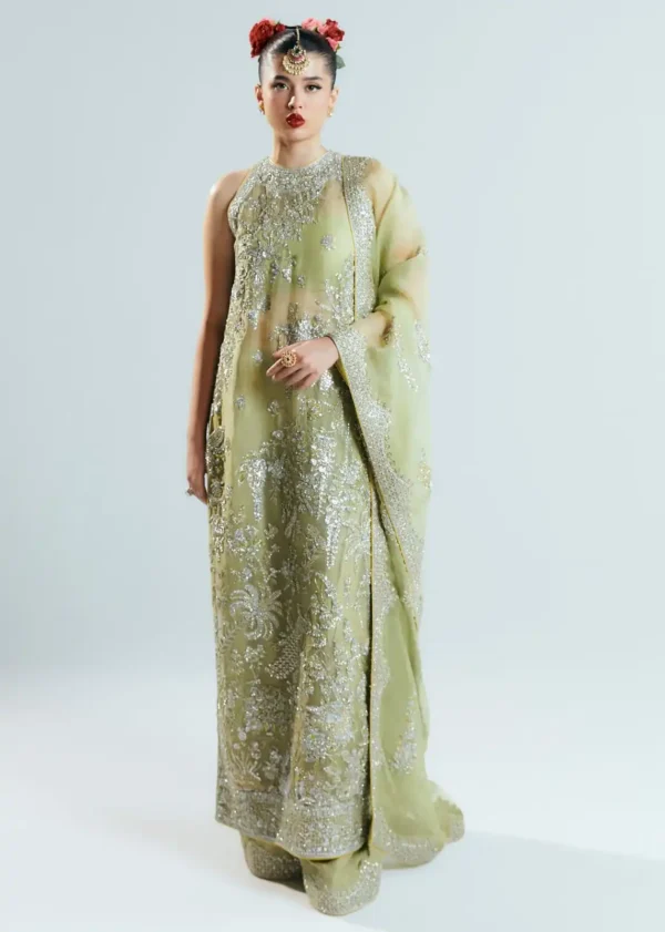 Luxury olive-green sleeveless Pakistani formal dress with intricate silver embroidery and hand-embellished details.