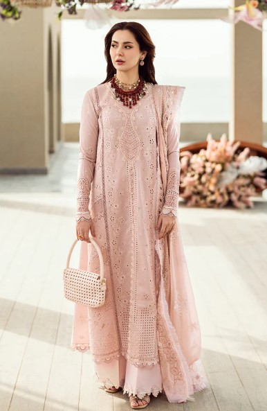 Elegant pastel pink embroidered dress by Qalamkar – luxury Pakistani formal wear with intricate lace detailing, perfect for festive and wedding occasions.