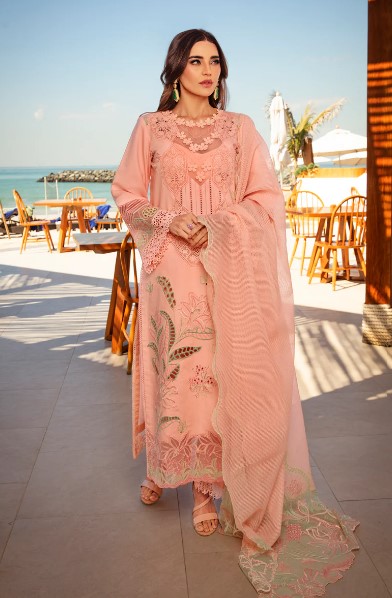 Peach embroidered lawn suit with lace detailing and matching dupatta.