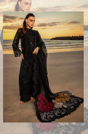 Black embroidered luxury dress with laser-cut embroidery, Schiffli detailing, and organza patching – perfect for weddings and festive events.