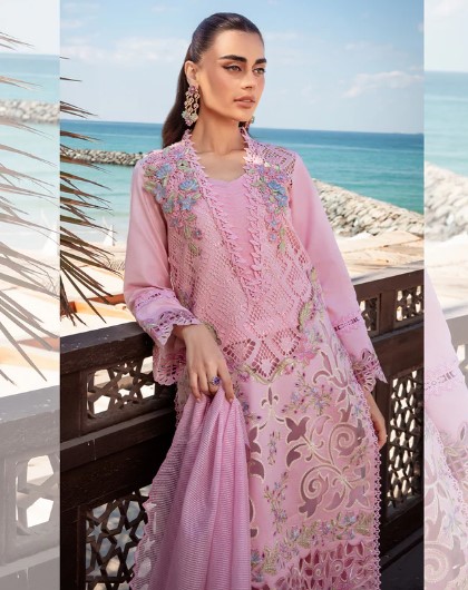 Elegant pink Schiffli embroidered dress with delicate 3D embellishments and organza dupatta.