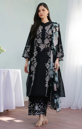 Black embroidered lawn suit for women with floral embroidery and chiffon dupatta.