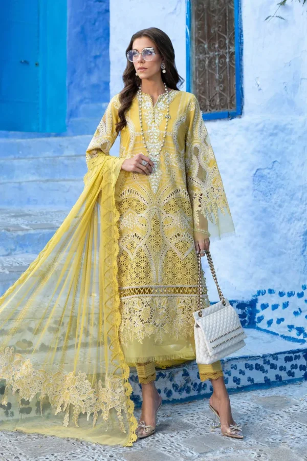 Elegant yellow embroidered dress from Marai B Lawn Sale 2025 collection.