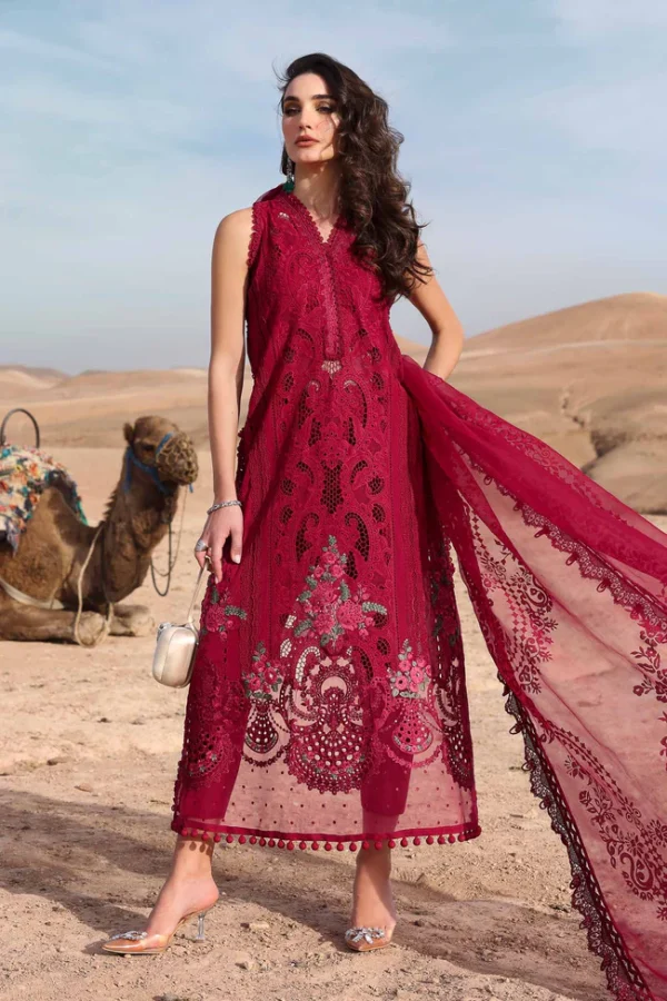 Elegant embroidered red summer cloth – lawn shirt with organza dupatta