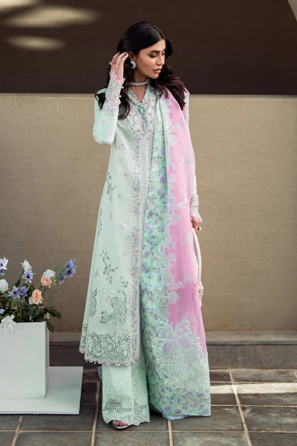"Elegant Summer Outfit 2025 - Seraphina Floral Embroidered Lawn Shirt with Rocket Net Dupatta"