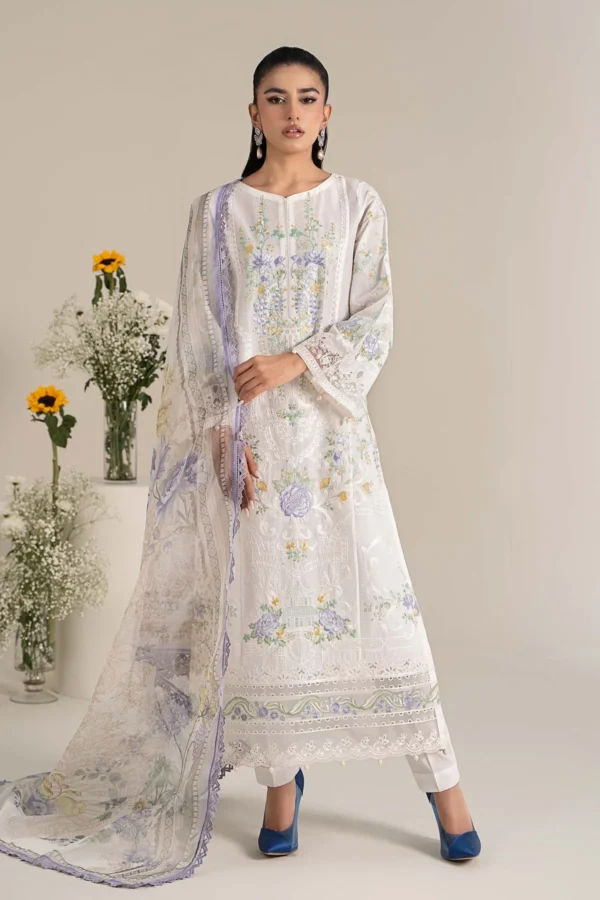 Maria B - Floral Bliss embroidered lawn suit with organza dupatta.