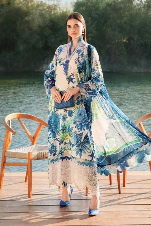 “Maria B Ocean Bloom ensemble showcasing blue starfish and botanical motifs.”