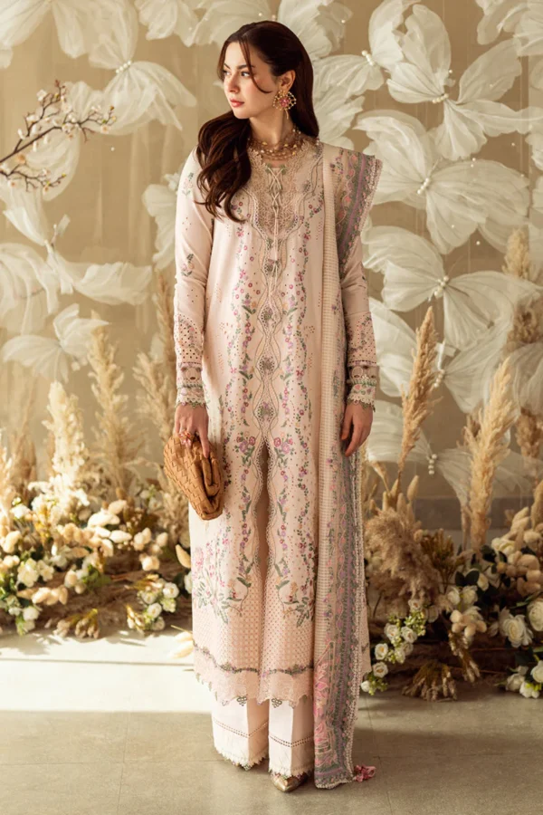 Qalamkar Zehra pastel lawn dress with classic detailing