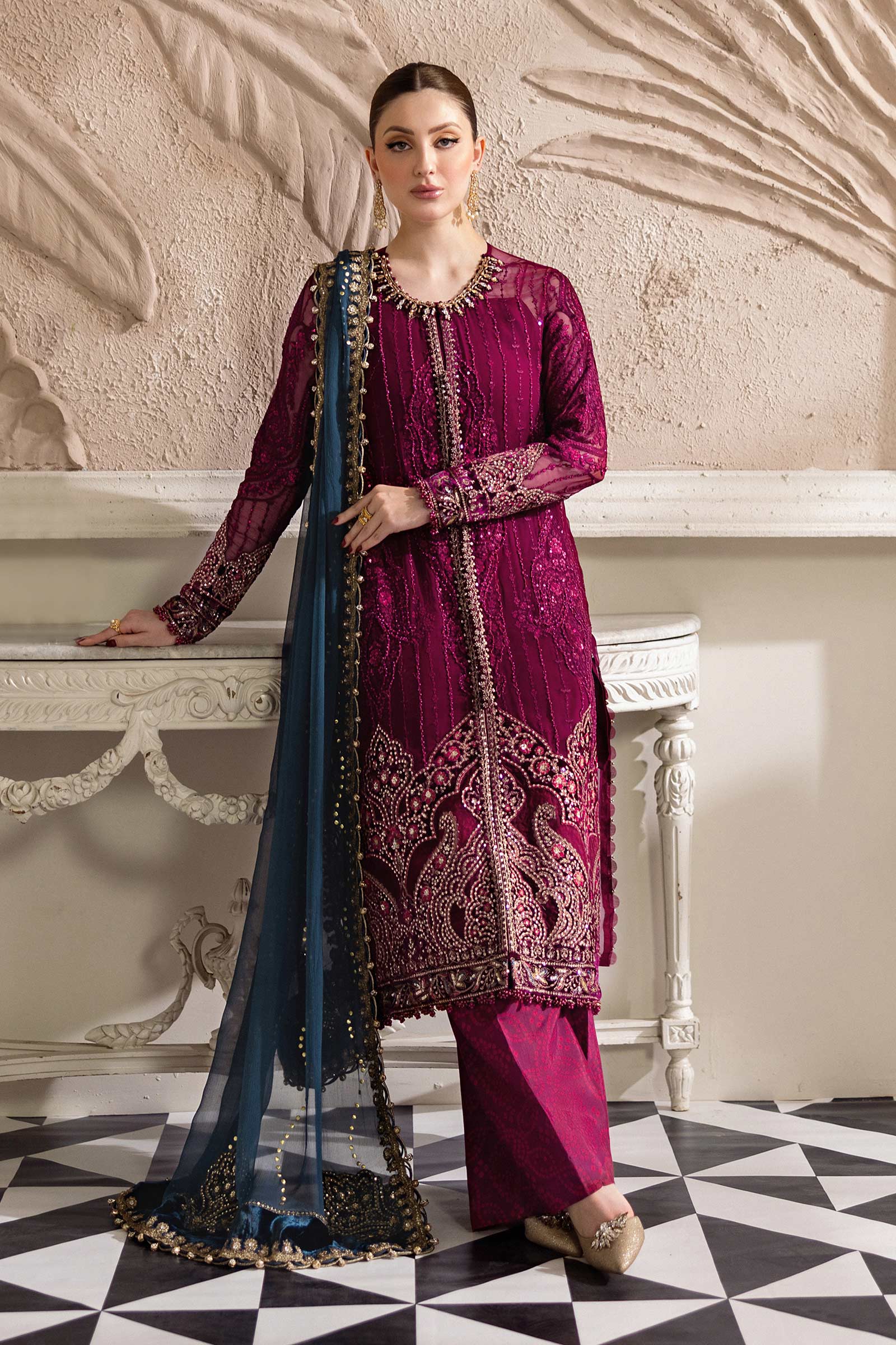 Magenta Embroidered Festive Outfit with Velvet Accents Maria B Collections PK – Magenta embroidered chiffon suit with blue dupatta and velvet detailing
