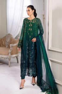 A model is wearing a beautiful green embroidered dress** with detailed embroidery and a matching dupatta. 