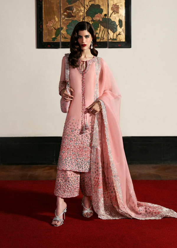 Designer pastel pink dress with floral embroidery