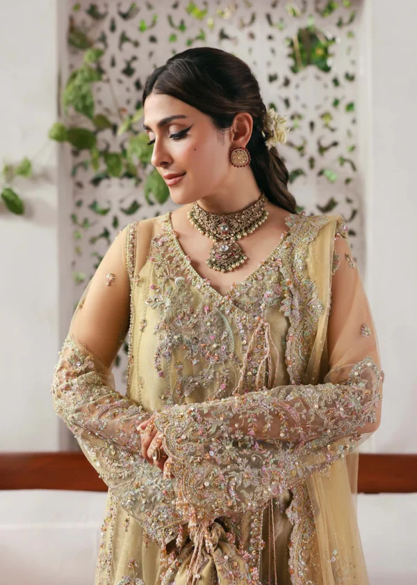 Golden bridals dress with flower embroidered pearls on V neck neckline
