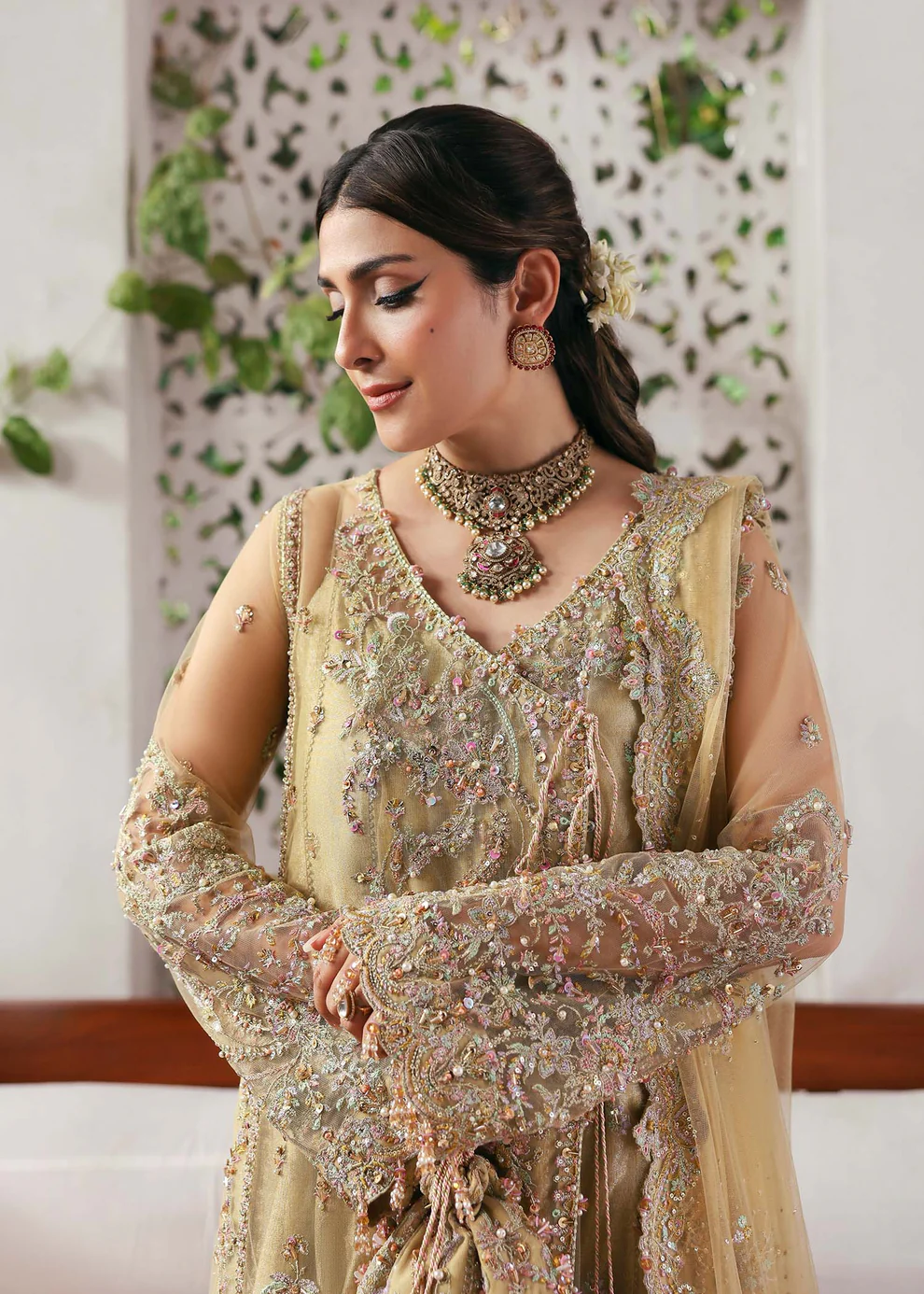 Formal Dresses Pakistani Brands – Golden Bridal Outfit with V-neckline Embroidery Golden bridals dress with flower embroidered pearls on V neck neckline