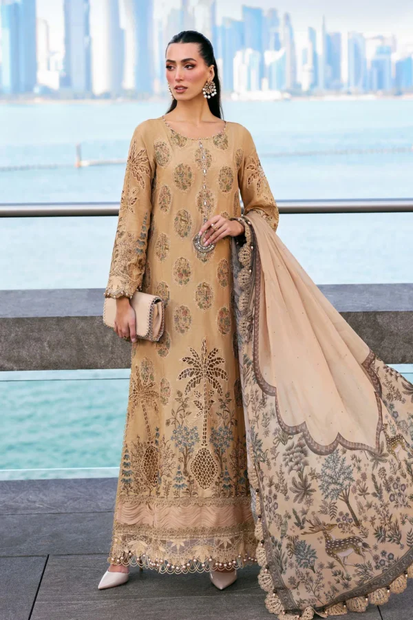 Maria B golden beige embroidered 3 piece suit with wildlife printed dupatta