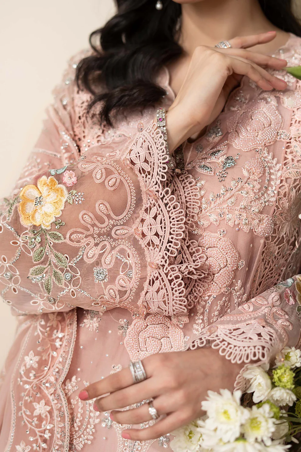 eid Lace trimming on chiffon suit with embroidery