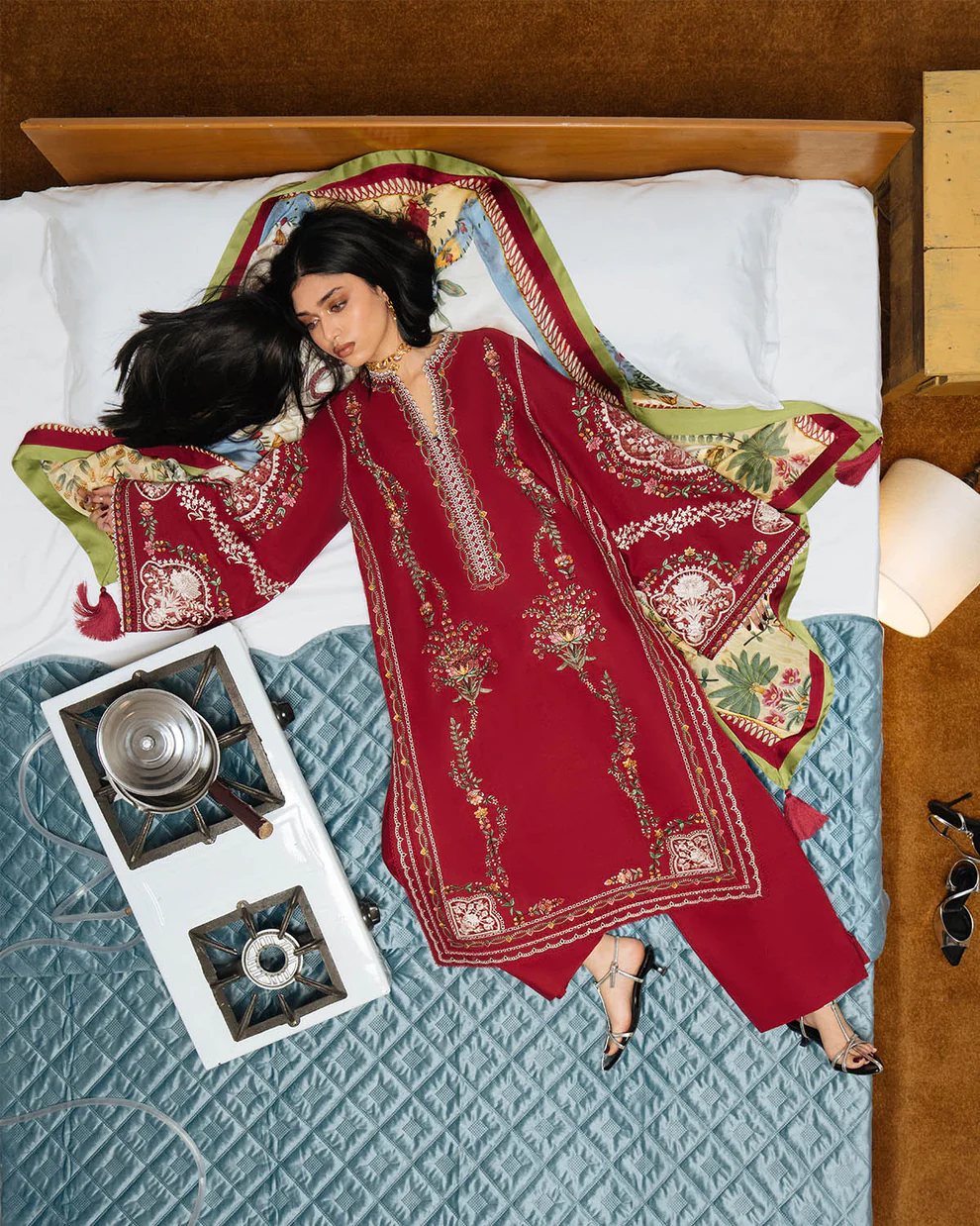 Hussain Rehar 2026 Festival – Luxe Red Lawn Suit 3 Piece with Botanical Dupatta Luxury lawn suit 2026 by Pakistani designer red with botanical print dupatta and green tassels