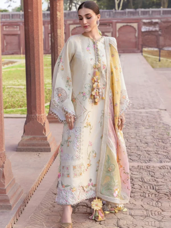 lawn dress design 2026 off-white floral embroidered