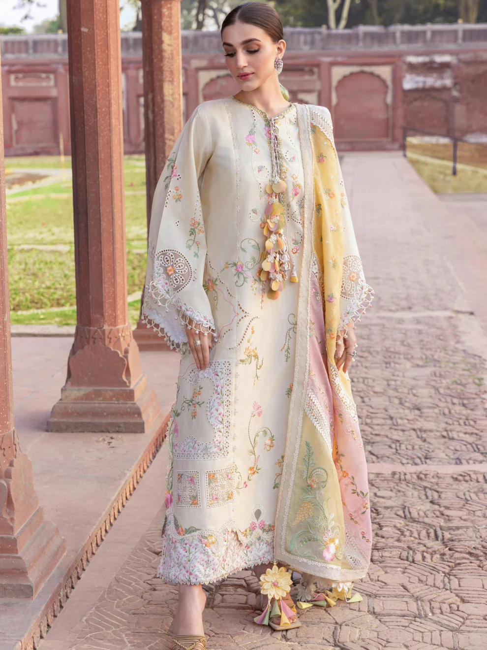 Luxury Lawn Dress Design 2026 - Off White Floral Embroidered 3 Piece Suit lawn dress design 2026 off-white floral embroidered