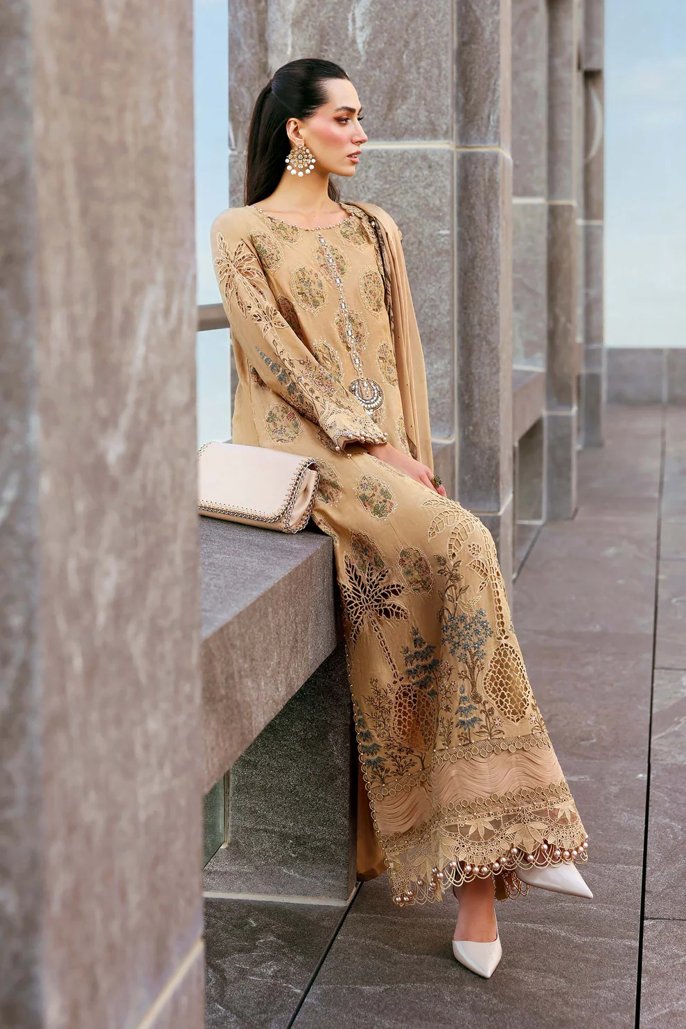 Elegant camel lawn suit with wildlife dupatta & heavy cutwork embroidery 2026 Luxury camel color lawn suit with heavy cutwork and floral embroidery