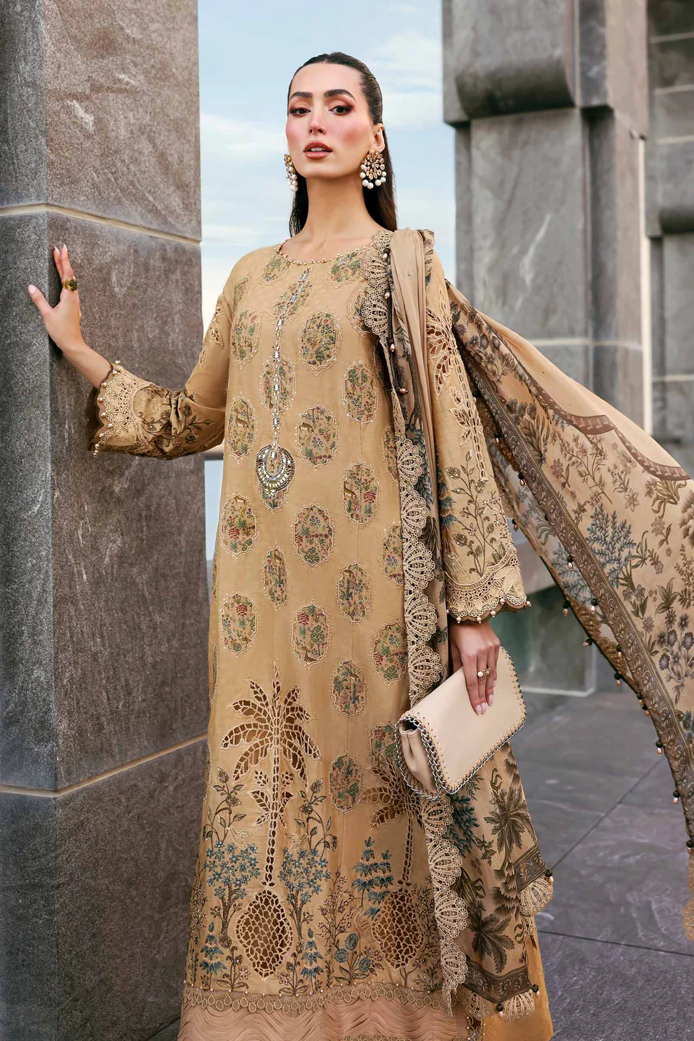 Premium embroidered golden lawn 3 piece suit with pearl hem & scalloped border Golden beige lawn dress with palm tree cutwork and pearl hem details