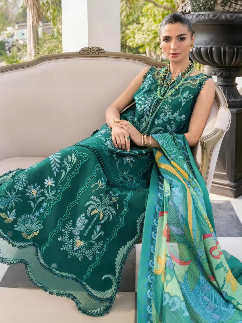 Designers' Lawn Suit – Intricate Vine and Floral Elegant Sleeveless Lawn Suit Complemented with Layered Jewelry