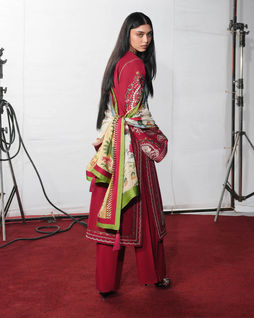 Hussain Rehar Kalabagh 2026 – Dark Red Luxe Embroidery Lawn Suit 3 Piece with Tassel Dupatta Kalabagh lawn suit 2026 by Hussain Rehar unstitched embroidered red 3 piece from back view