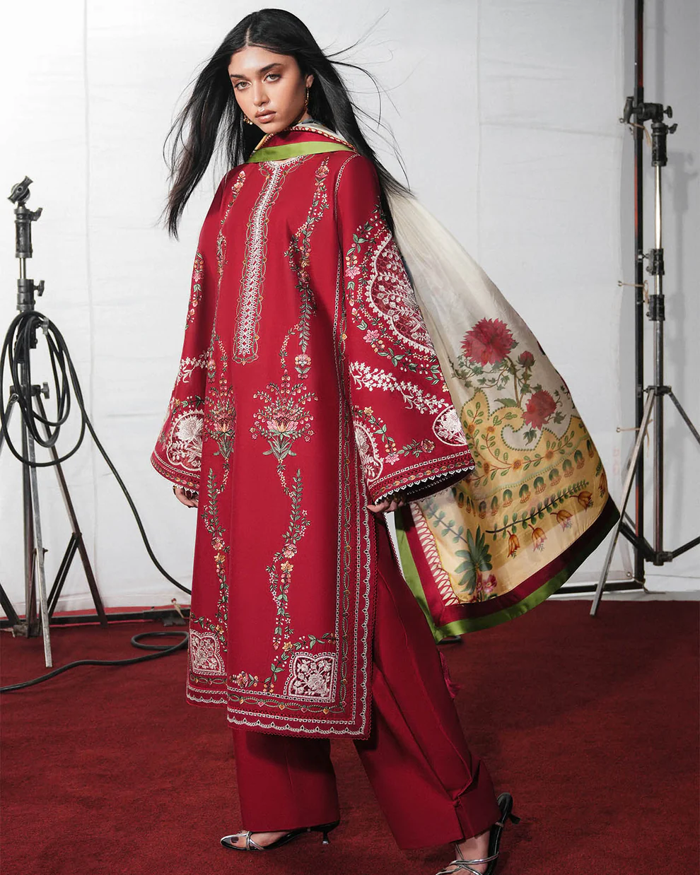 hussain rehar lawn pret at Mashaim Lawn suit 2026 red festive embroidered by Hussain Rehar with ivory dupatta Pakistan