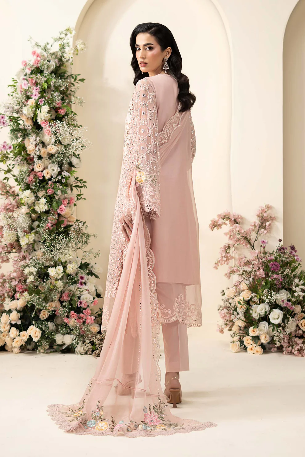 Pearls Embroidered on Pink Chiffon Cuffs Lace Trimming Details on Pink Chiffon Suit