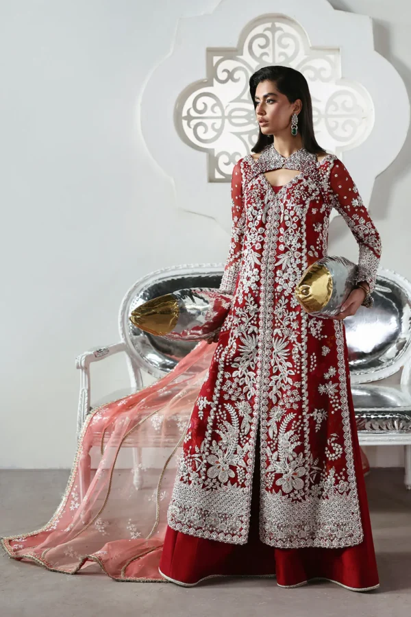 Red organza dress for women with silver embroidery and peach dupatta