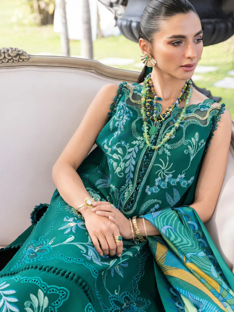 Teal Green Lawn Suit with Print Silk Dupatta Luxurious Lawn Suit with Floral Embroidery and Print Dupatta