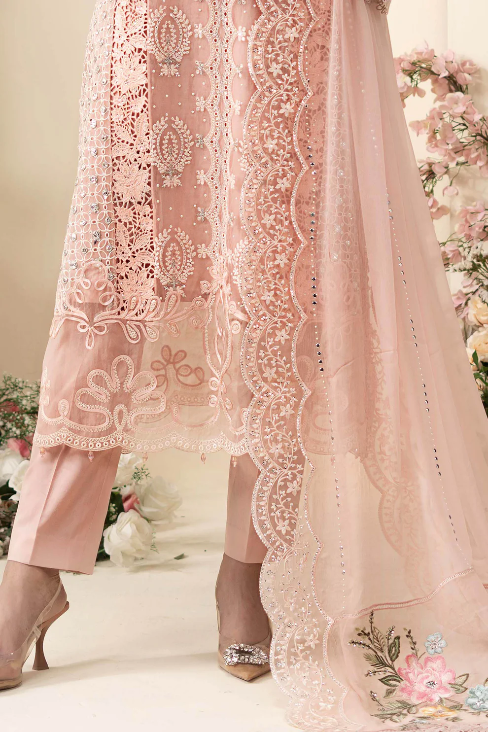 Inspiring Style of Pink Maria B Chiffon Suit Embellished pearl cuff detail on pink chiffon suit