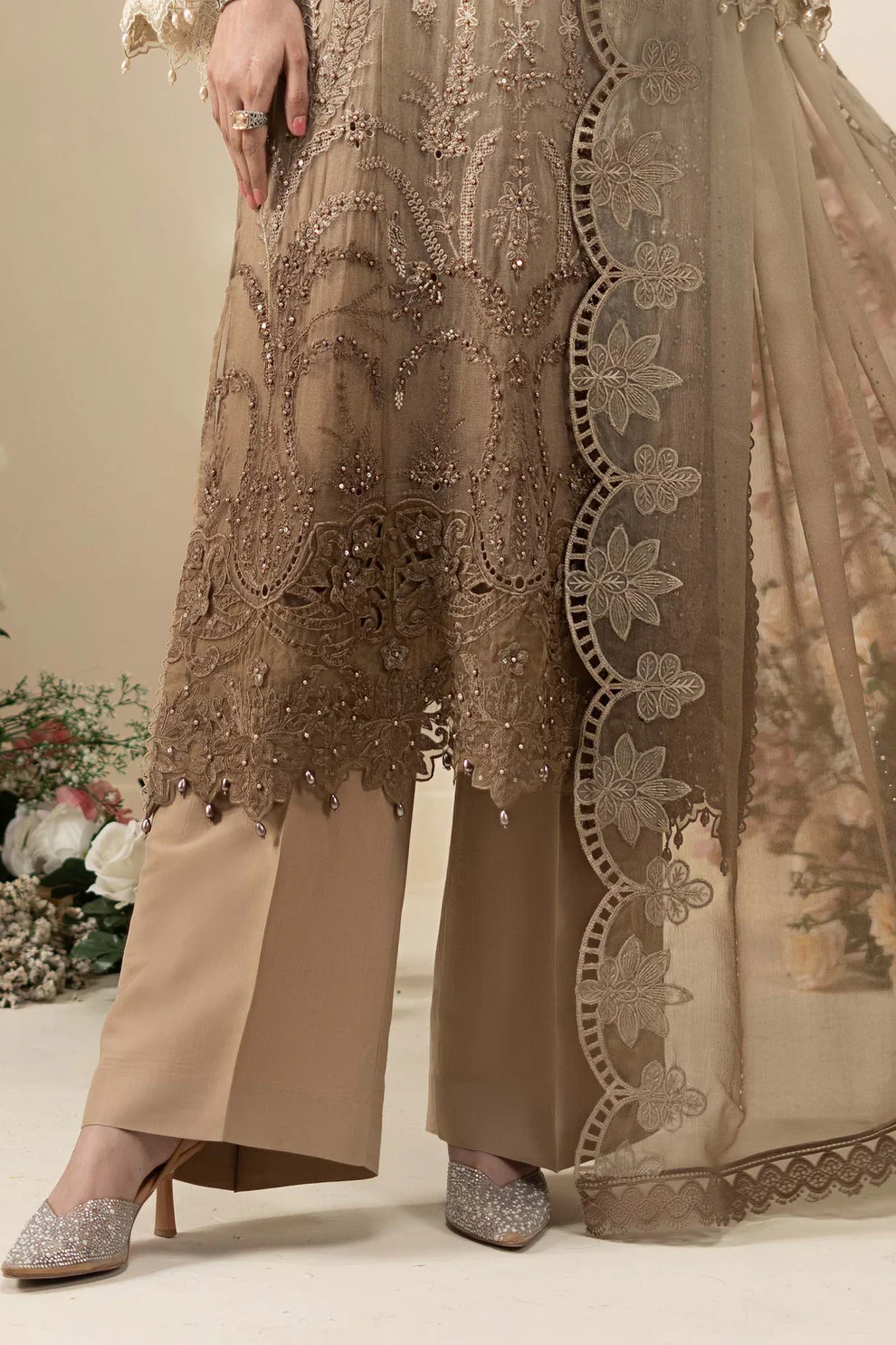 yellow Scalloped lace border in a beige formal suit
