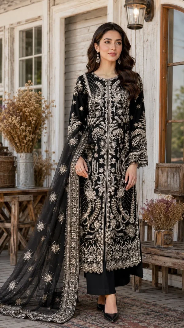 Black front-open heavily embroidered formal dress as wedding guest outfit.
