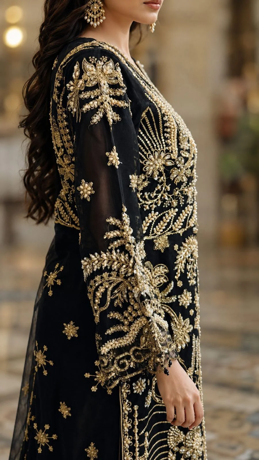 Heavy Silver Embroidered Front-Opening Black Formal Outfit Heavy silver and black embroidered formal dress for reception and qawwali
