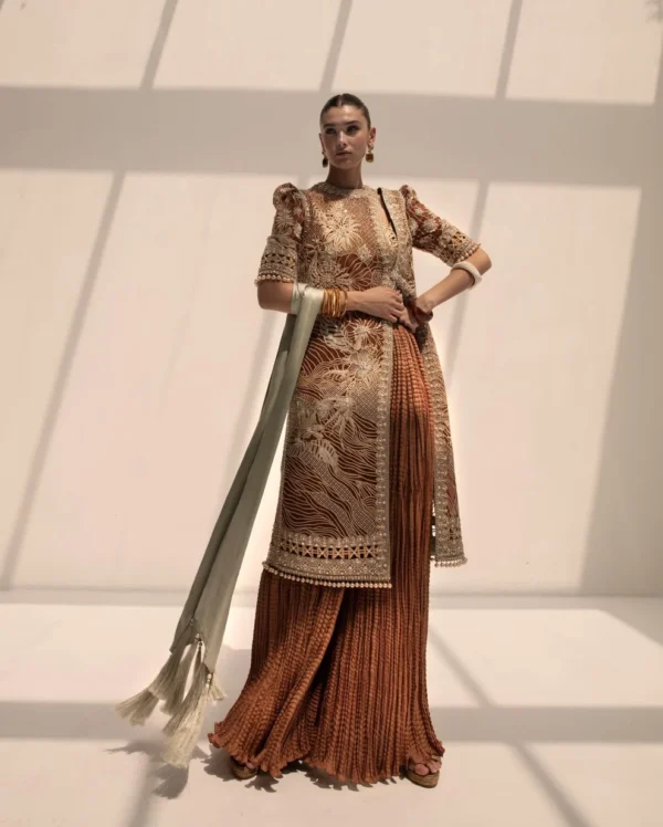 Daarchini Rust Pakistani Designer Suit with Crushed Gharara