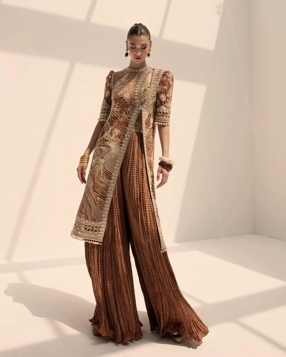 Daarchini Rust Embroidered Jacket Style Dress Daarchini rust brown jacket style shirt with gold floral embroidery and pleated gharara