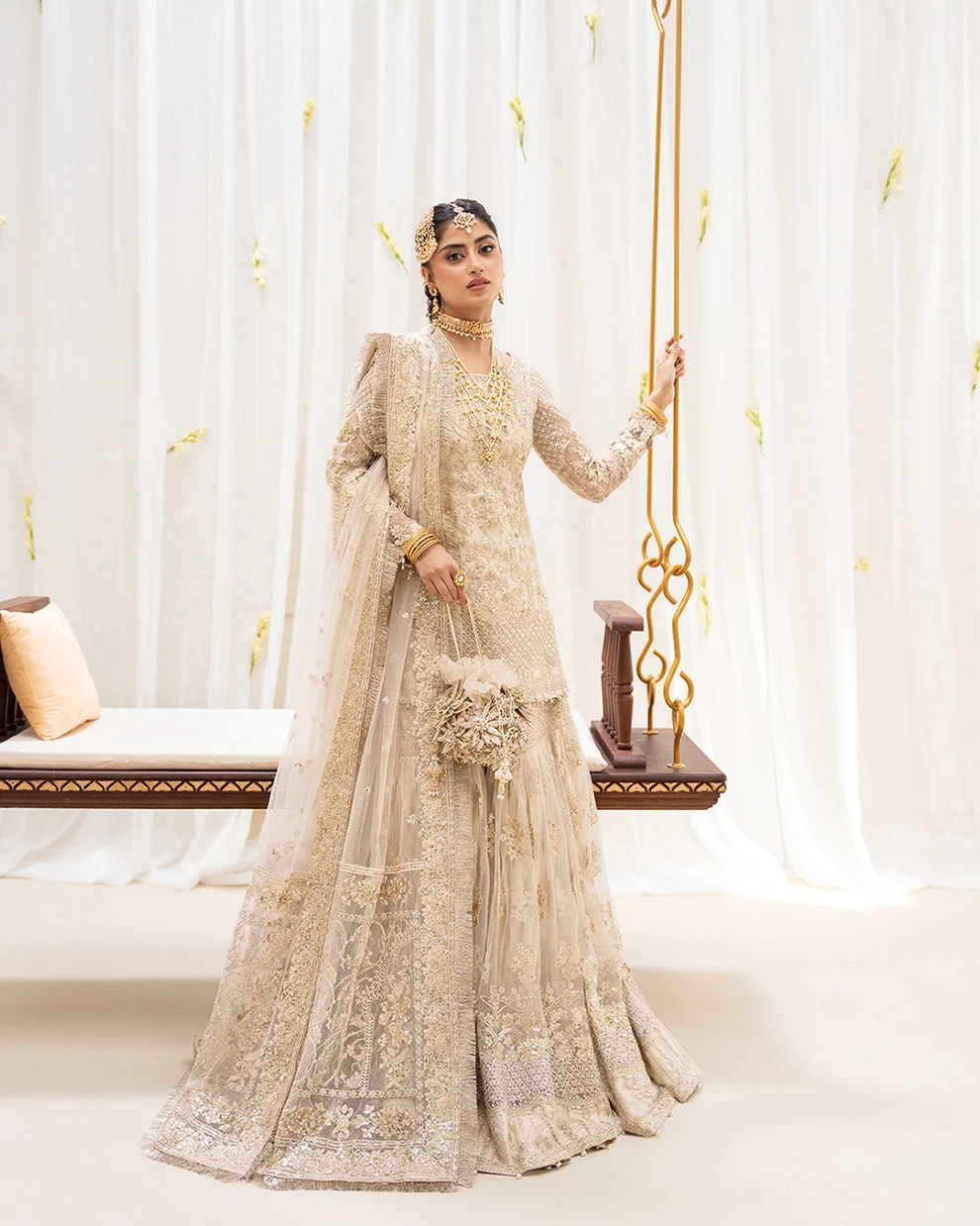 Heavy Embroidered Bridal Gharara | Nikah Dress Gold tilla and sequin embroidery on bridal gharara online Pakistan shirt and sleeves