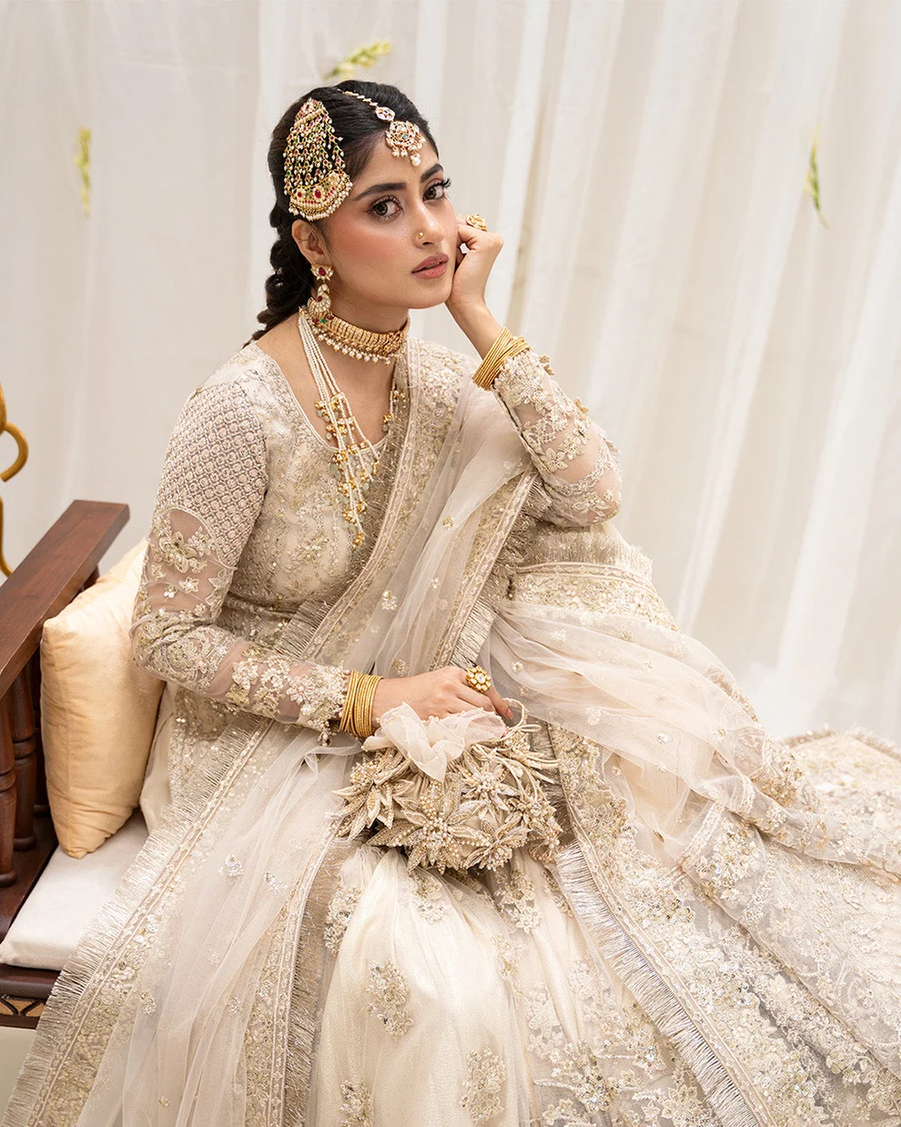 Net Dupatta Bridal Gharara with Pearl Tassels Net dupatta and flared gharara with pearl tassels, bridal gharara online Pakistan