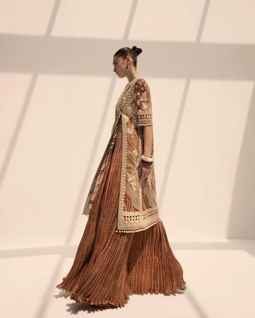 Daarchini Crushed Gharara with Green Dupatta Daarchini rust Pakistani formal suit with crushed gharara and sage green dupatta