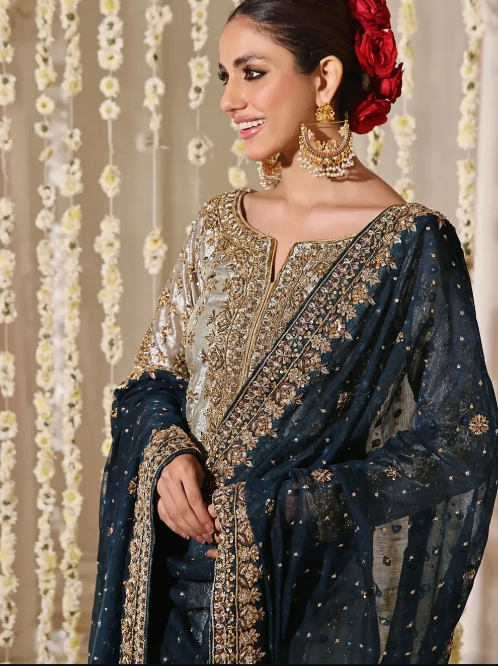 fancy suit for wedding Noorjahan in silver grey with antique gold embroideryCopy Alt Text