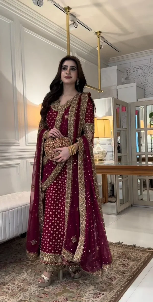 Maroon Embroidered sharara suit in pakistan